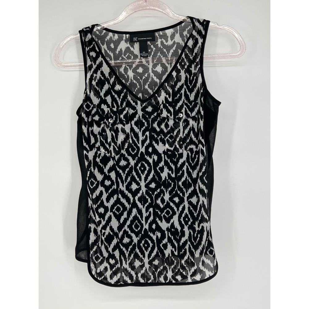 INC International Concepts Sleeveless Blouse V-Neck Sheer Black White XS